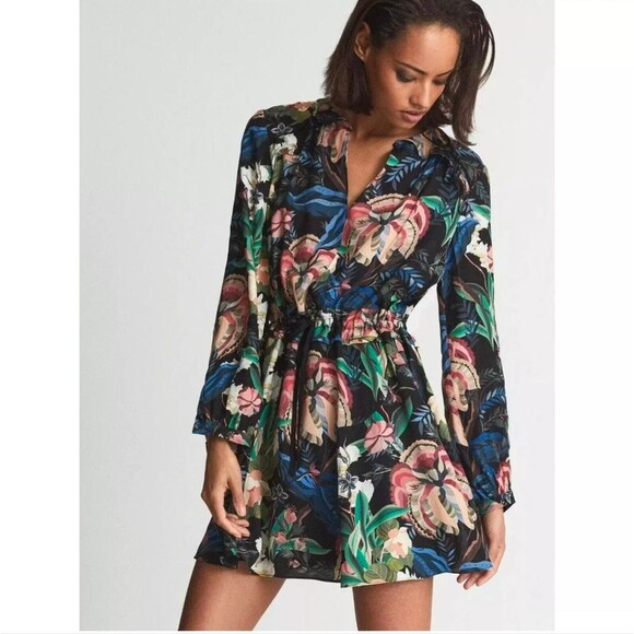 Reiss Alyssa Floral Flippy Drawstring Long Sleeve Multicolor Dress Size 4 - Picture 1 of 13
